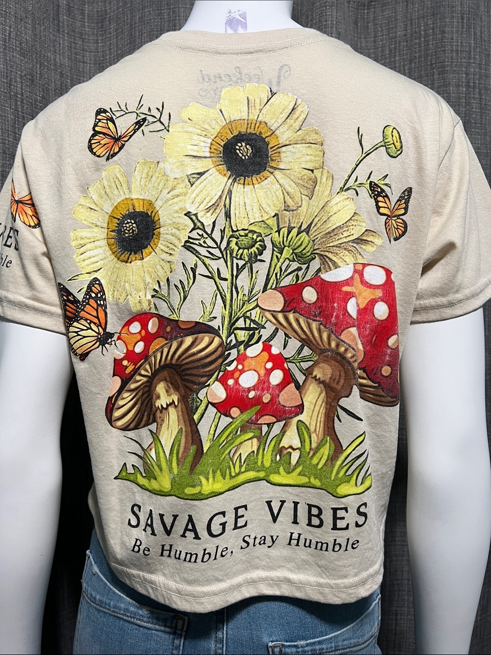 Savage Vibes Graphic Boxy Tee with Yellow Flowers, Mushrooms & Butterflies Small - Picture 3 of 9
